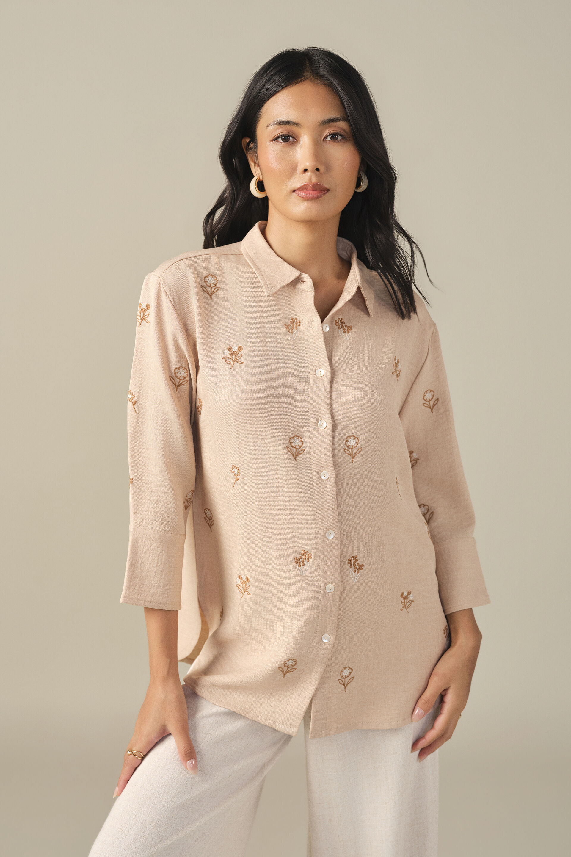 Floral Embroidered Shirt in Beige